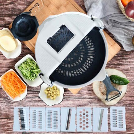 ✨ ৯ ইন ১ মাল্টিফাংশনাল ভেজিটেবল কাটার উইথ ড্রেন বাস্কেট, পোর্টেবল ম্যাজিক রোটেট ভেজিটেবল স্লাইসার, চপার, গ্রেটার