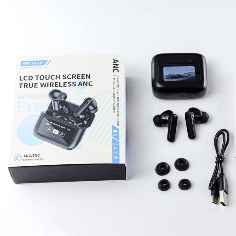 "LX20 ANC নয়েজ ক্যান্সেলিং ওয়্যারলেস ইয়ারফোন, এলসিডি টাচ স্ক্রিন ও এইচডি স্টেরিও সাউন্ড কোয়ালিটি সহ।"