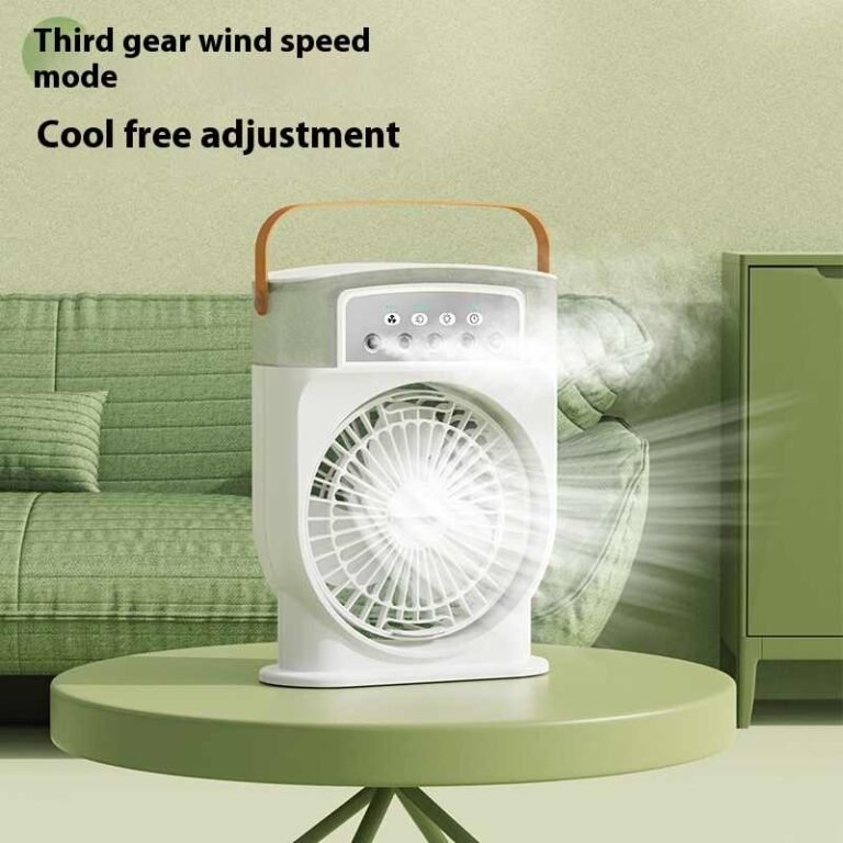 "পাঁচটি হোলসহ মিনি ইলেকট্রিক ইউএসবি কুলিং ফ্যান, নাইট লাইট ও হিউমিডিফিকেশন ফিচারসহ, হালকা ও পোর্টেবল ডিজাইন।"