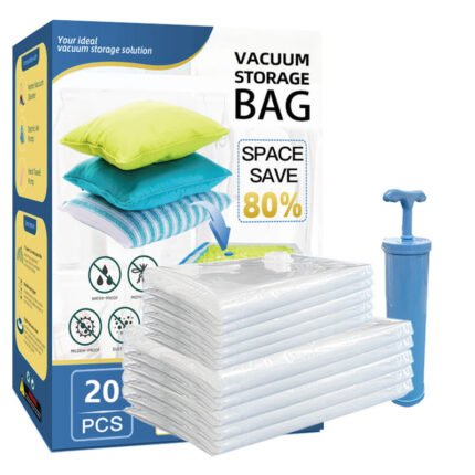Transparent vacuum compression storage bag with pump for clothes storage and space saving